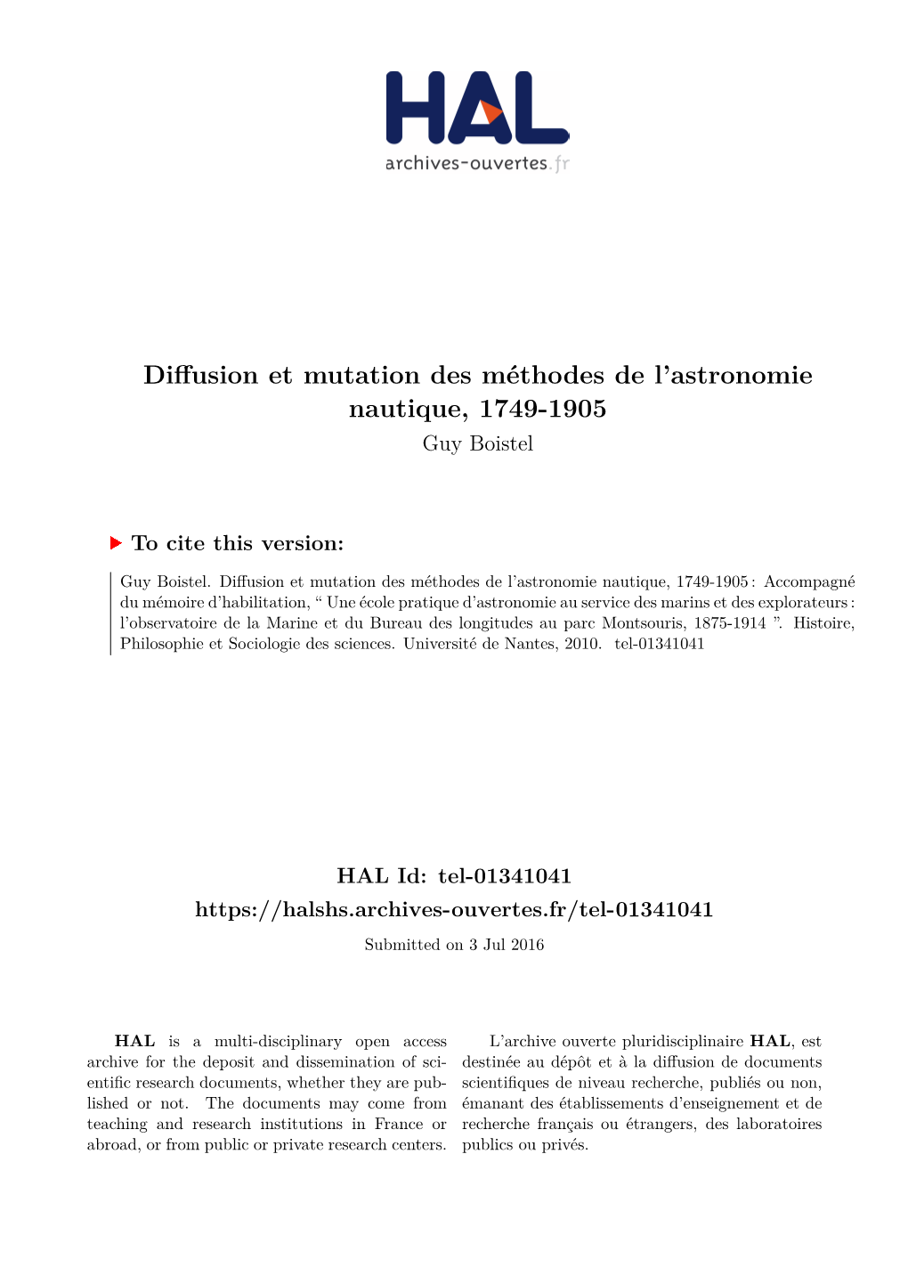Diffusion Et Mutation Des Méthodes De L'astronomie Nautique, 1749-1905