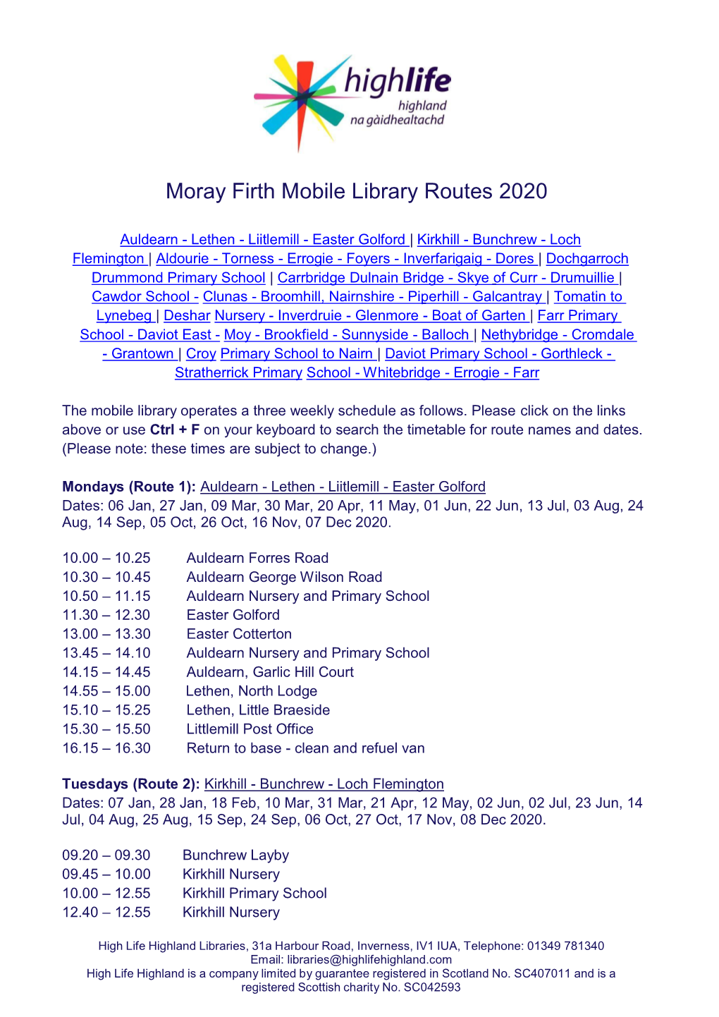 Moray Firth Mobile Library Routes 2020