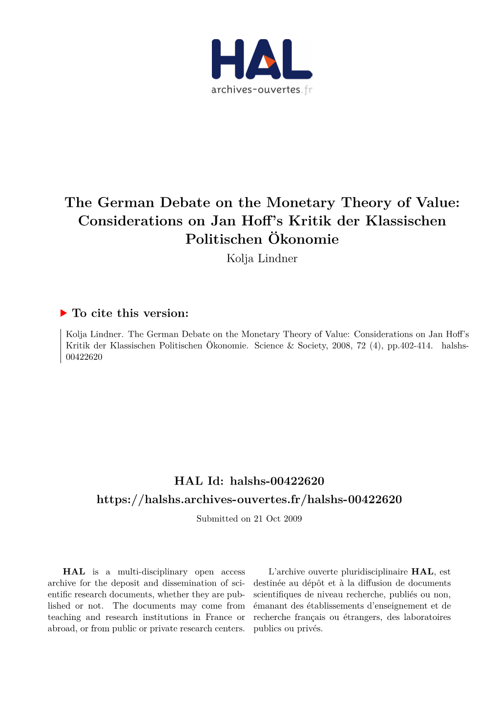 The German Debate on the Monetary Theory of Value: Considerations on Jan Hoff's Kritik Der Klassischen Politischen Ökonomie