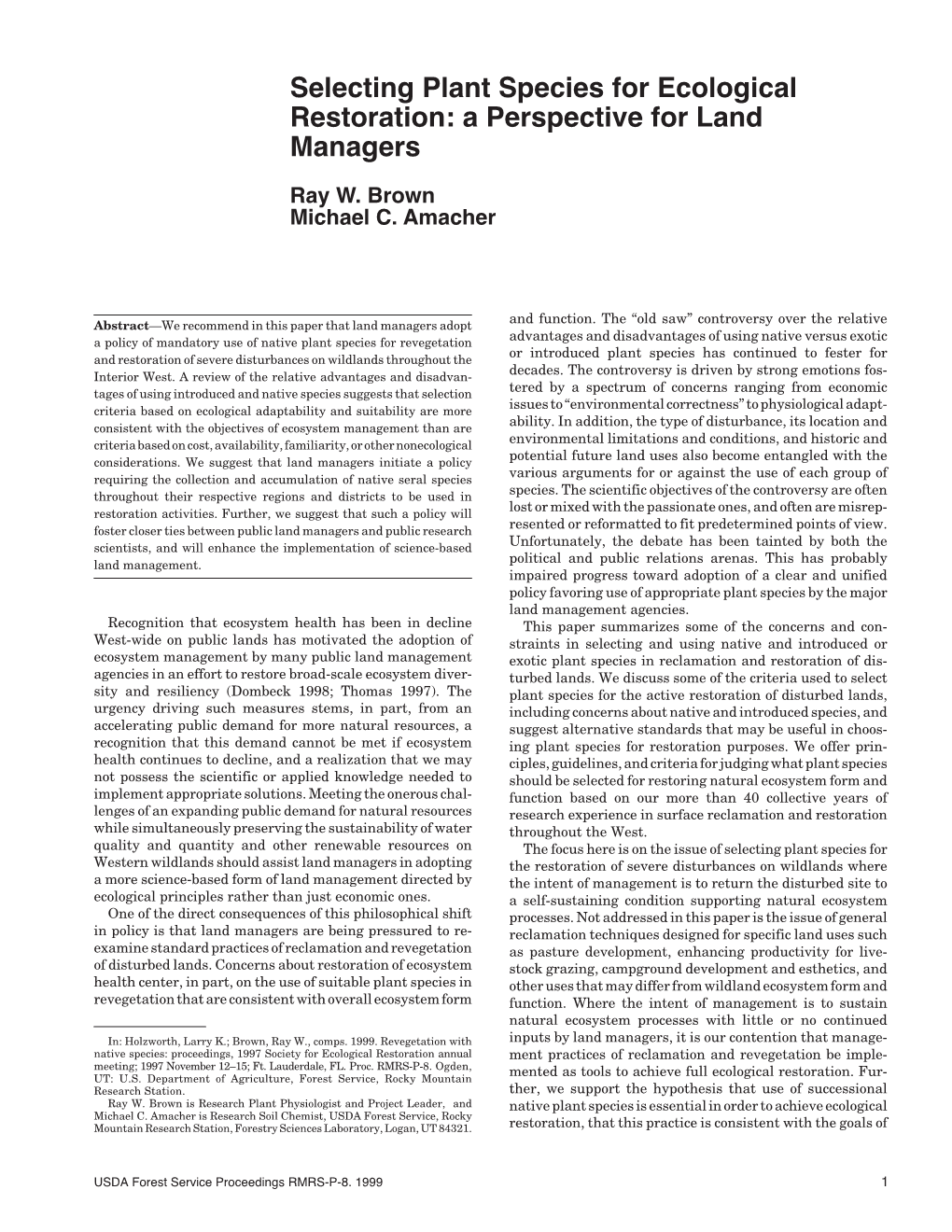 Selecting Plant Species for Ecological Restoration: a Perspective for Land Managers