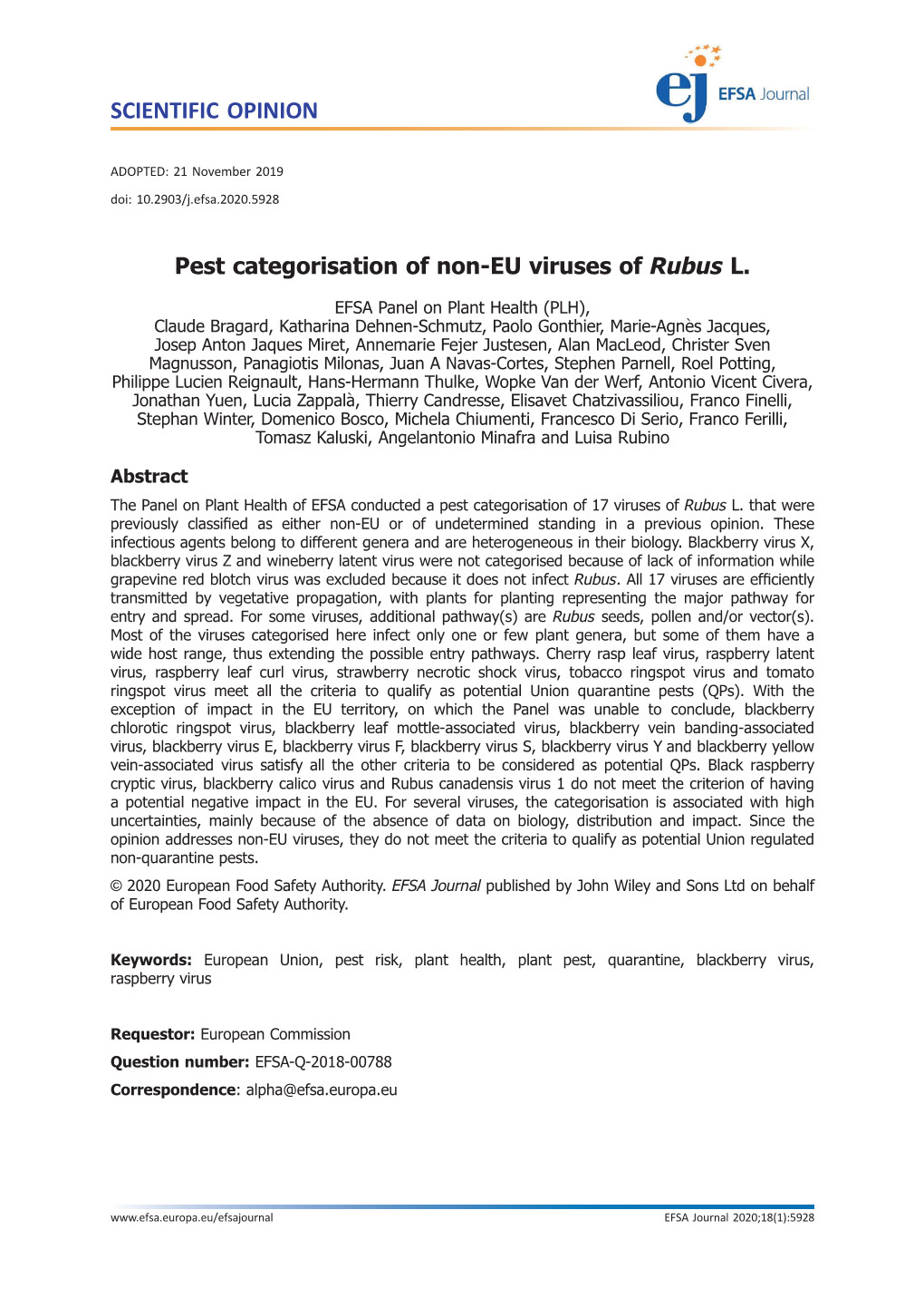 Pest Categorisation of Non-EU Viruses of Rubus L
