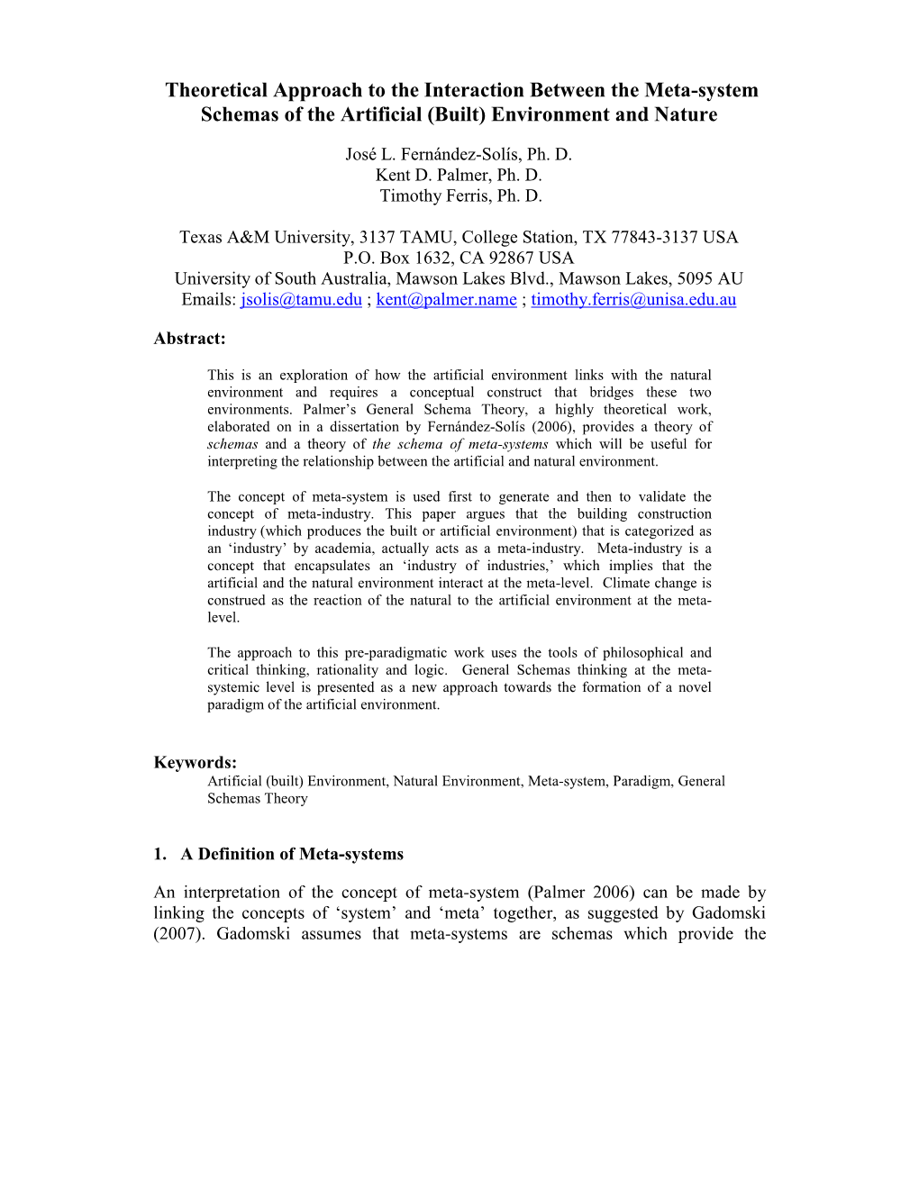 Theoretical Approach to the Interaction Between the Meta-System Schemas of the Artificial (Built) Environment and Nature