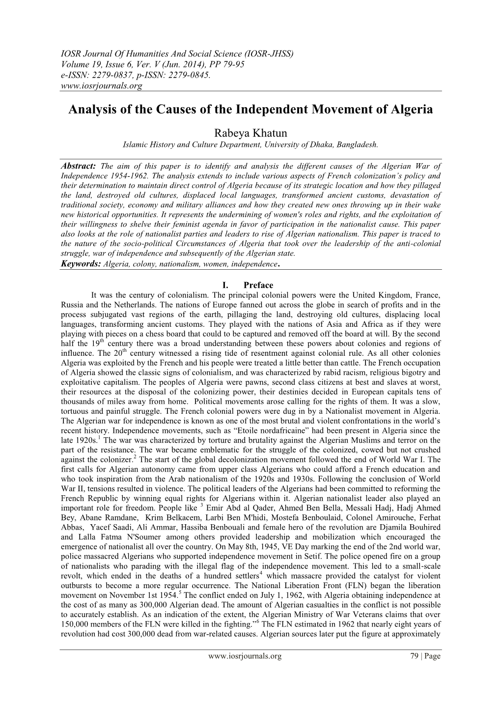 Analysis of the Causes of the Independent Movement of Algeria