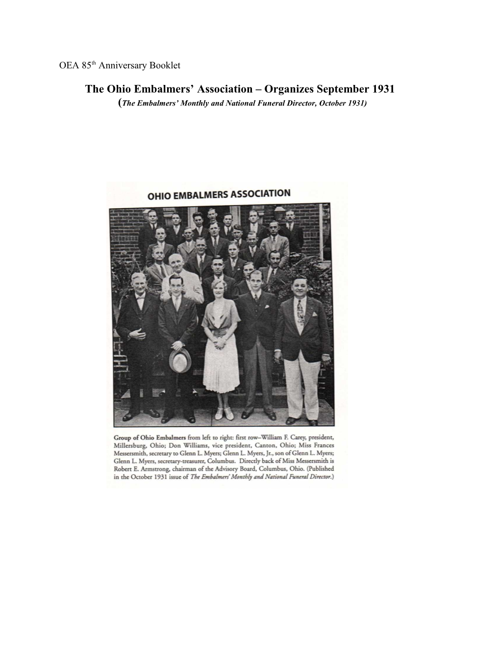 The Ohio Embalmers' Association – Organizes September 1931