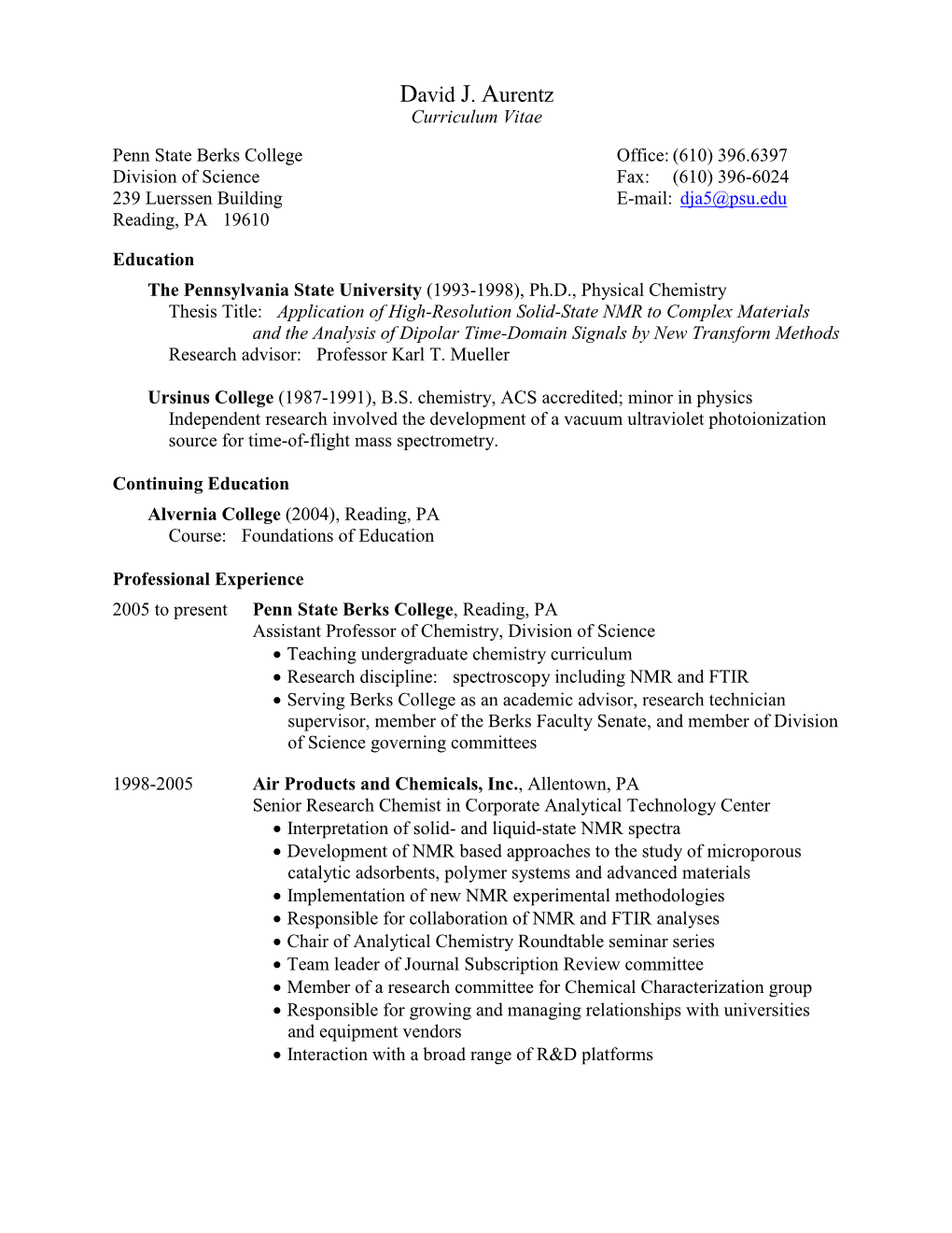 David J. Aurentz Curriculum Vitae