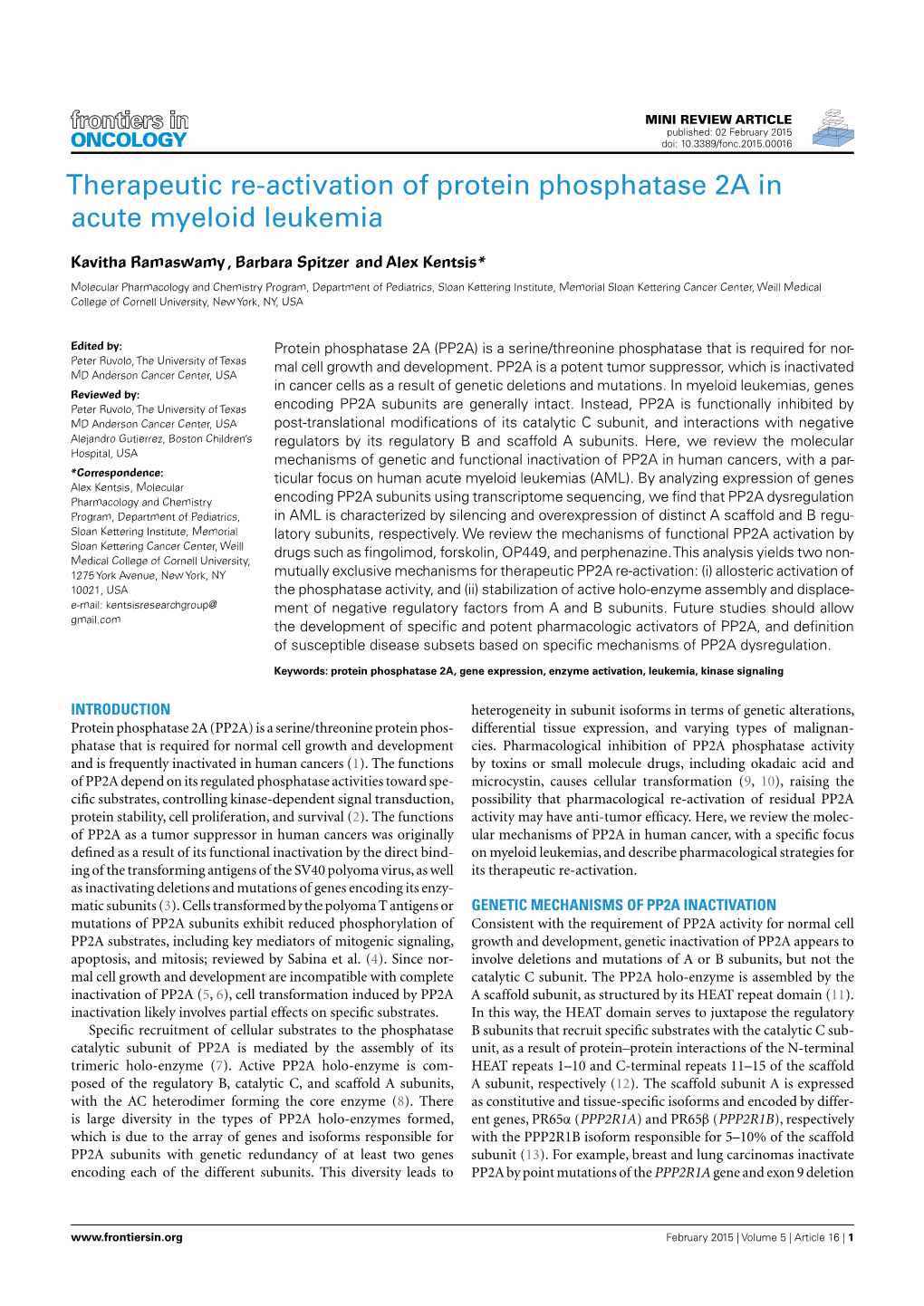 Therapeutic Re-Activation of Protein Phosphatase 2A in Acute Myeloid