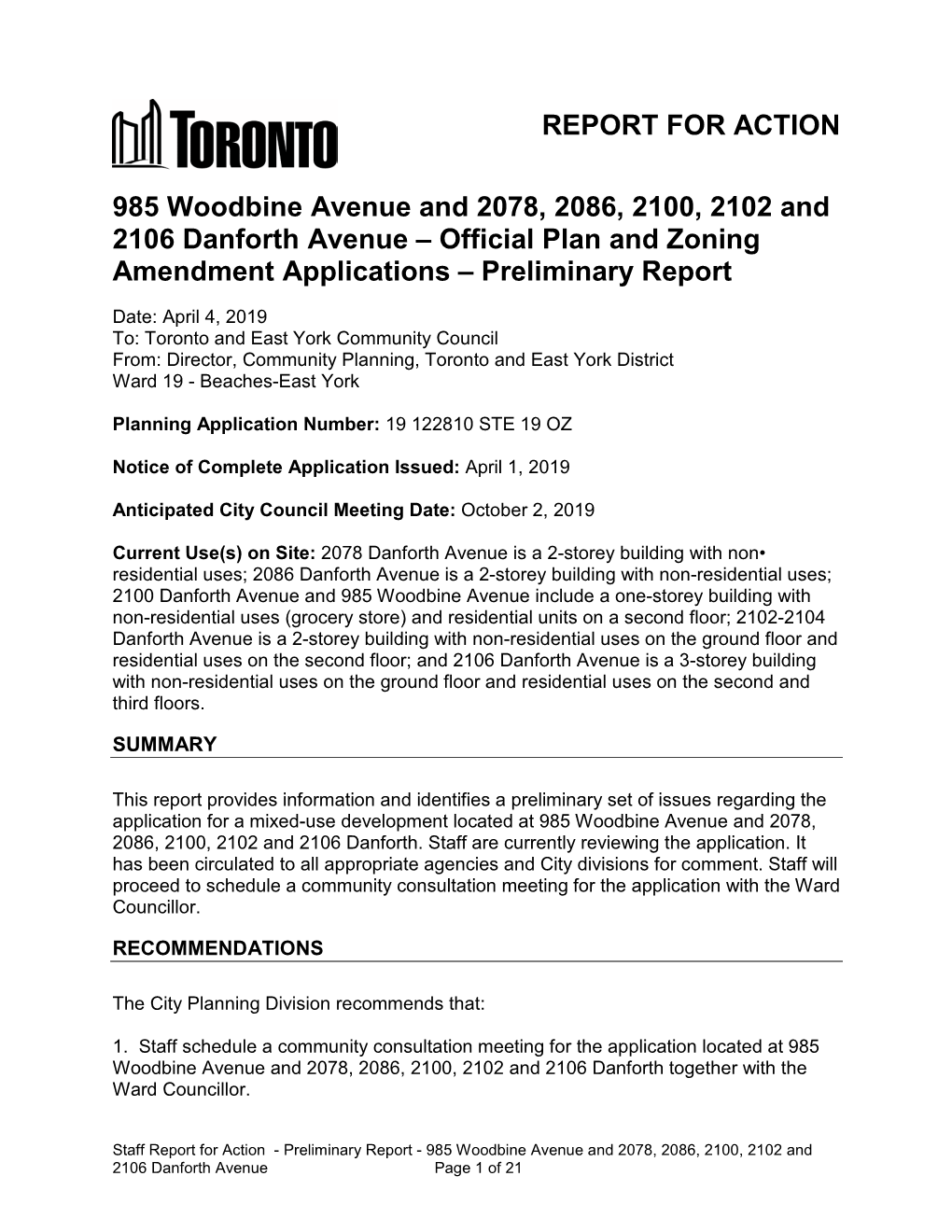 985 Woodbine Avenue and 2078, 2086, 2100, 2102 and 2106 Danforth Avenue – Official Plan and Zoning Amendment Applications – Preliminary Report