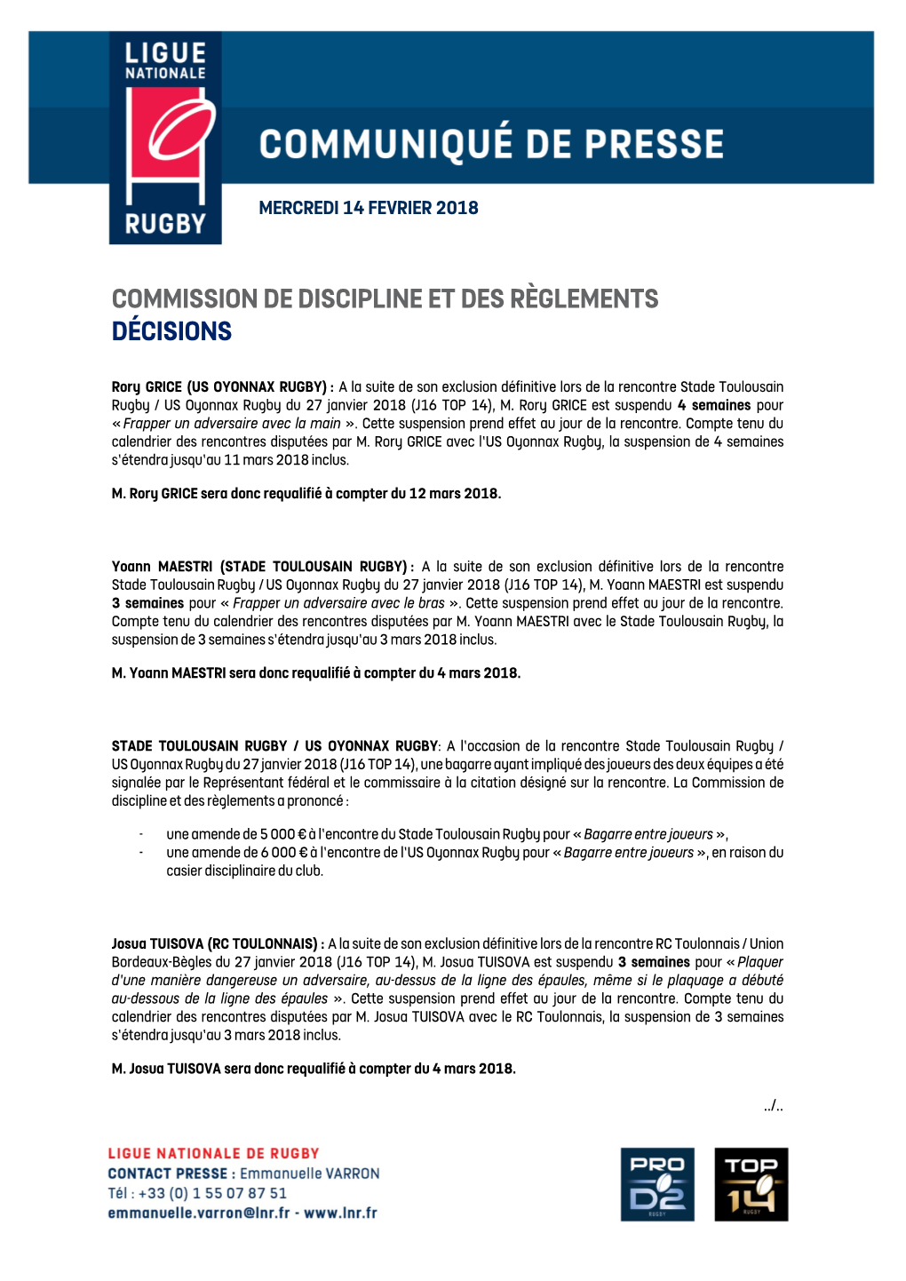 Commission De Discipline Et Des Règlements Décisions