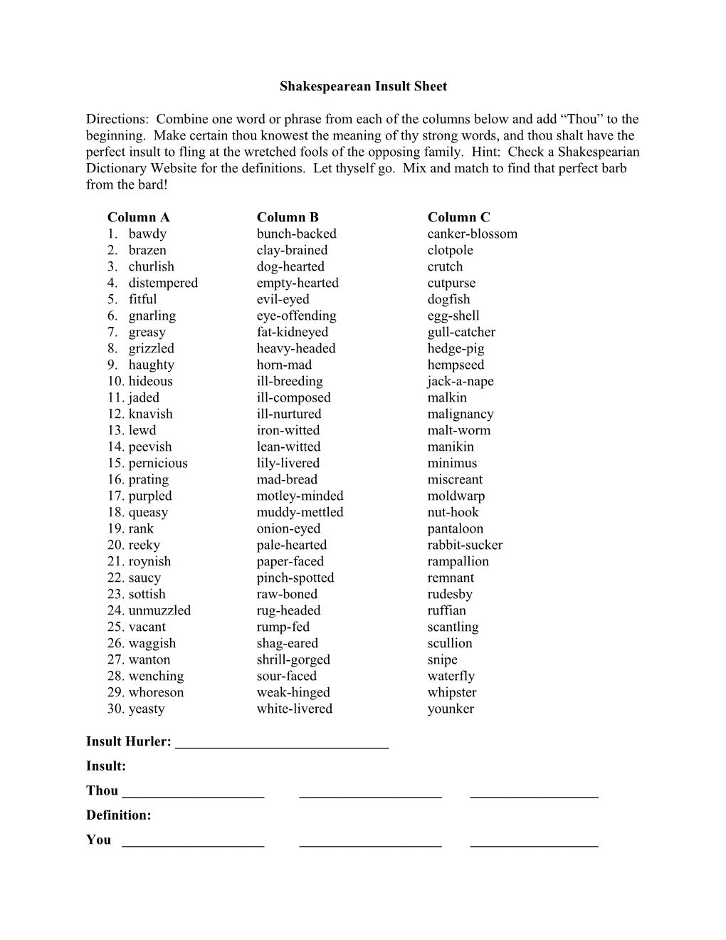 Shakespearean Insult Sheet