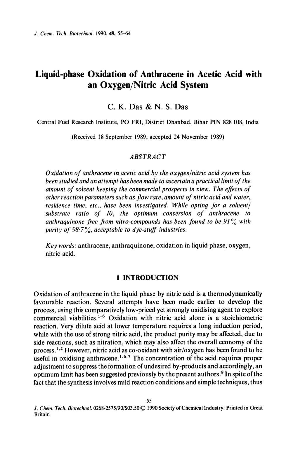 Liquid-Phase Oxidation of Anthracene in Acetic Acid with an Oxygen/Nitric Acid System