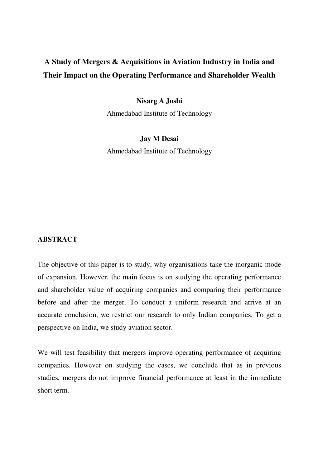 A Study of Mergers & Acquisitions in Aviation Industry in India and Their