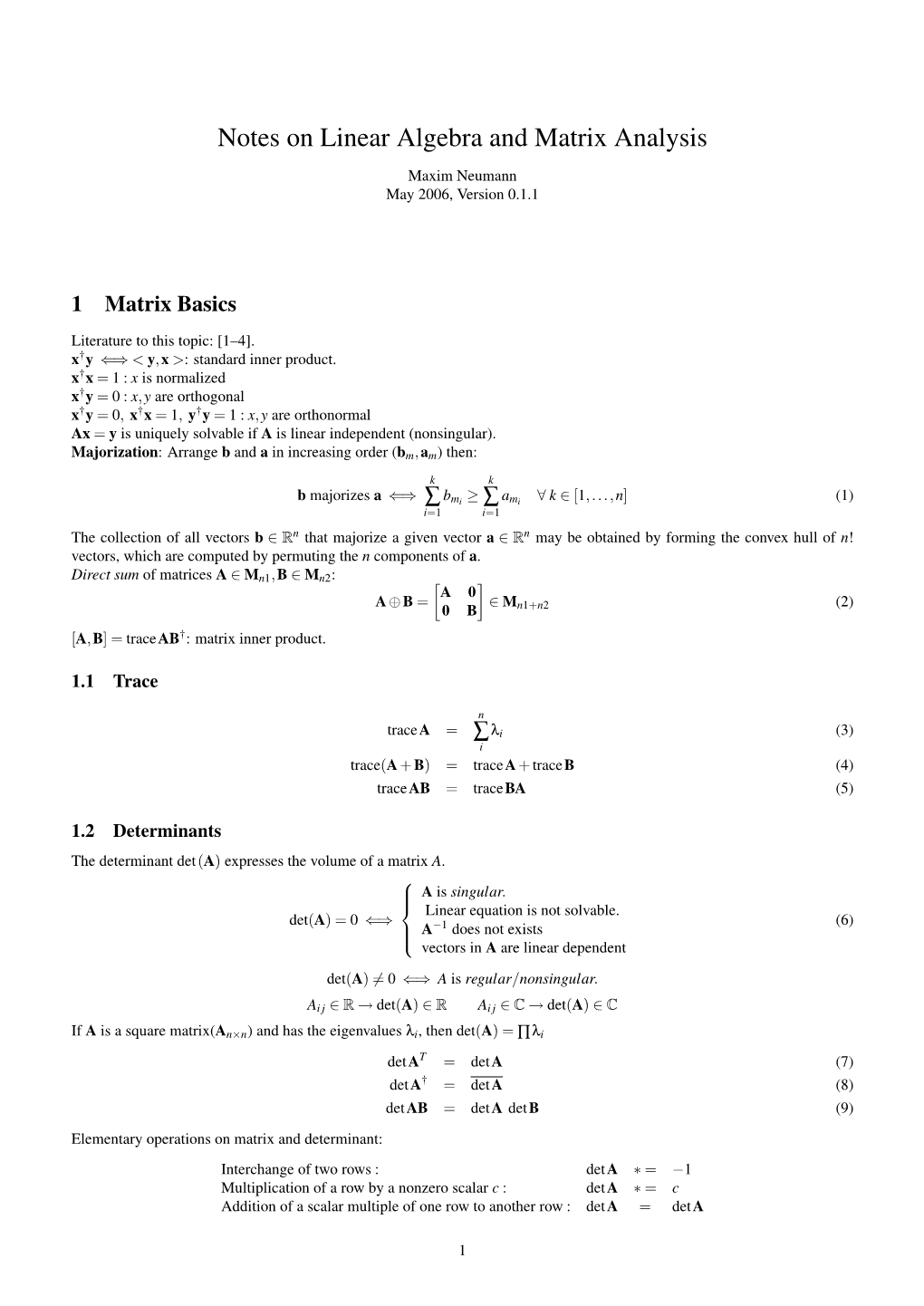 Notes on Linear Algebra and Matrix Analysis