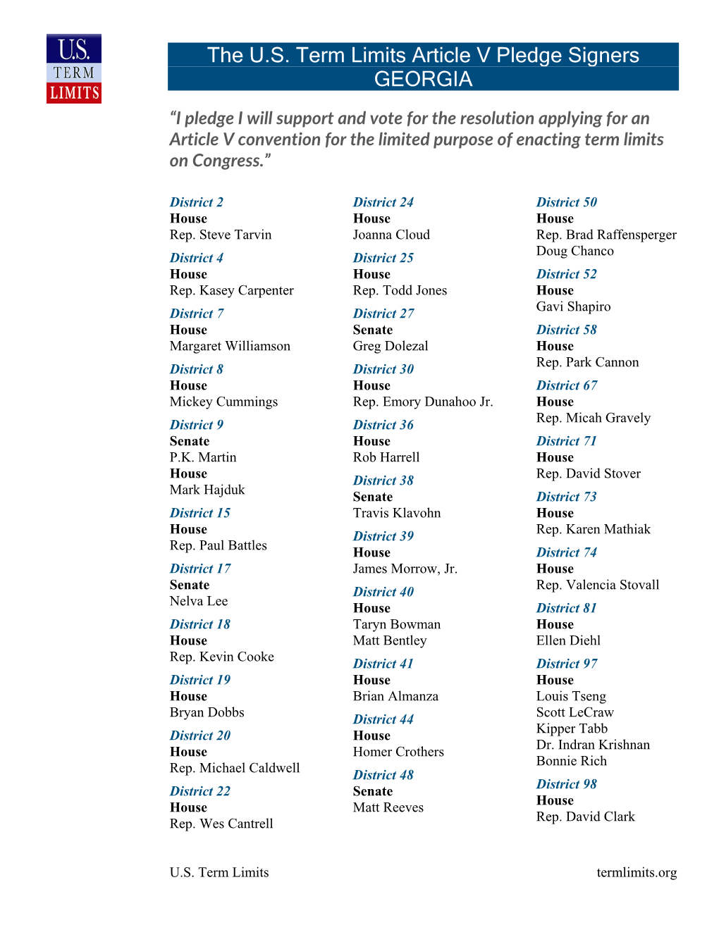 The U.S. Term Limits Article V Pledge Signers GEORGIA