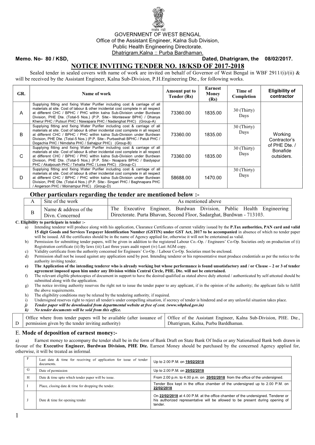 GOVERNMENT of WEST BENGAL Office of the Assistant Engineer, Kalna Sub Division, Public Health Engineering Directorate