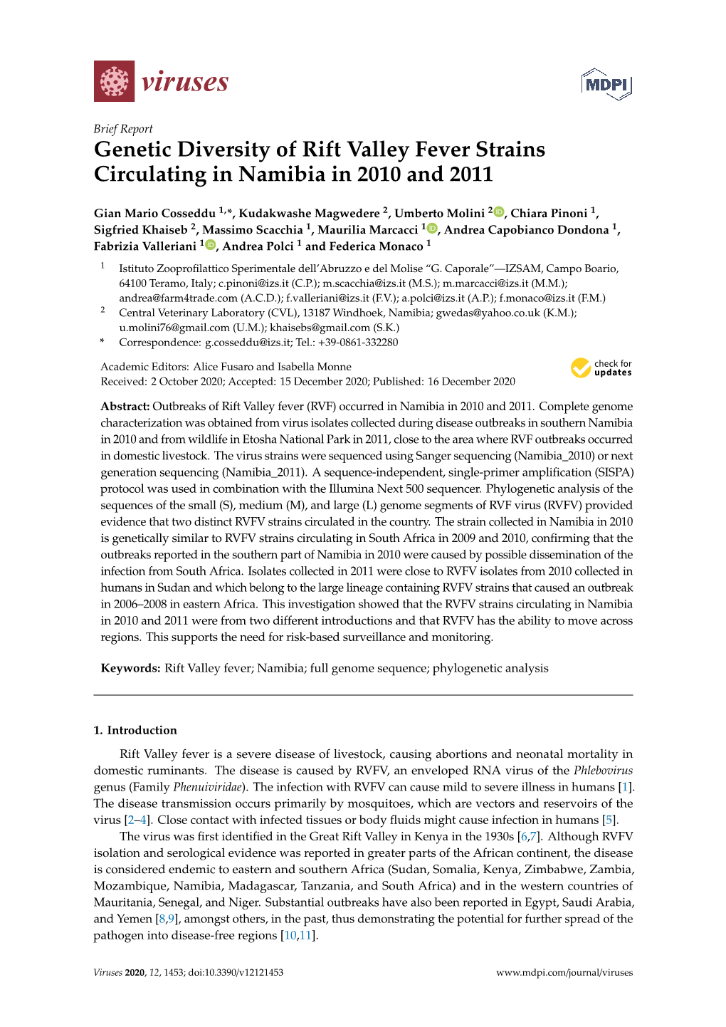 Genetic Diversity of Rift Valley Fever Strains Circulating in Namibia in 2010 and 2011