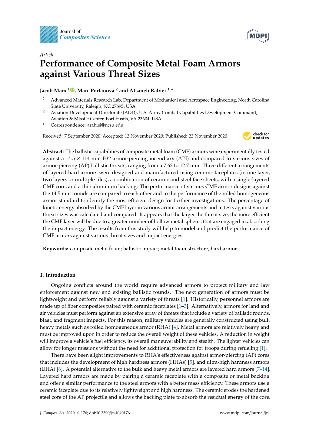 Performance of Composite Metal Foam Armors Against Various Threat Sizes