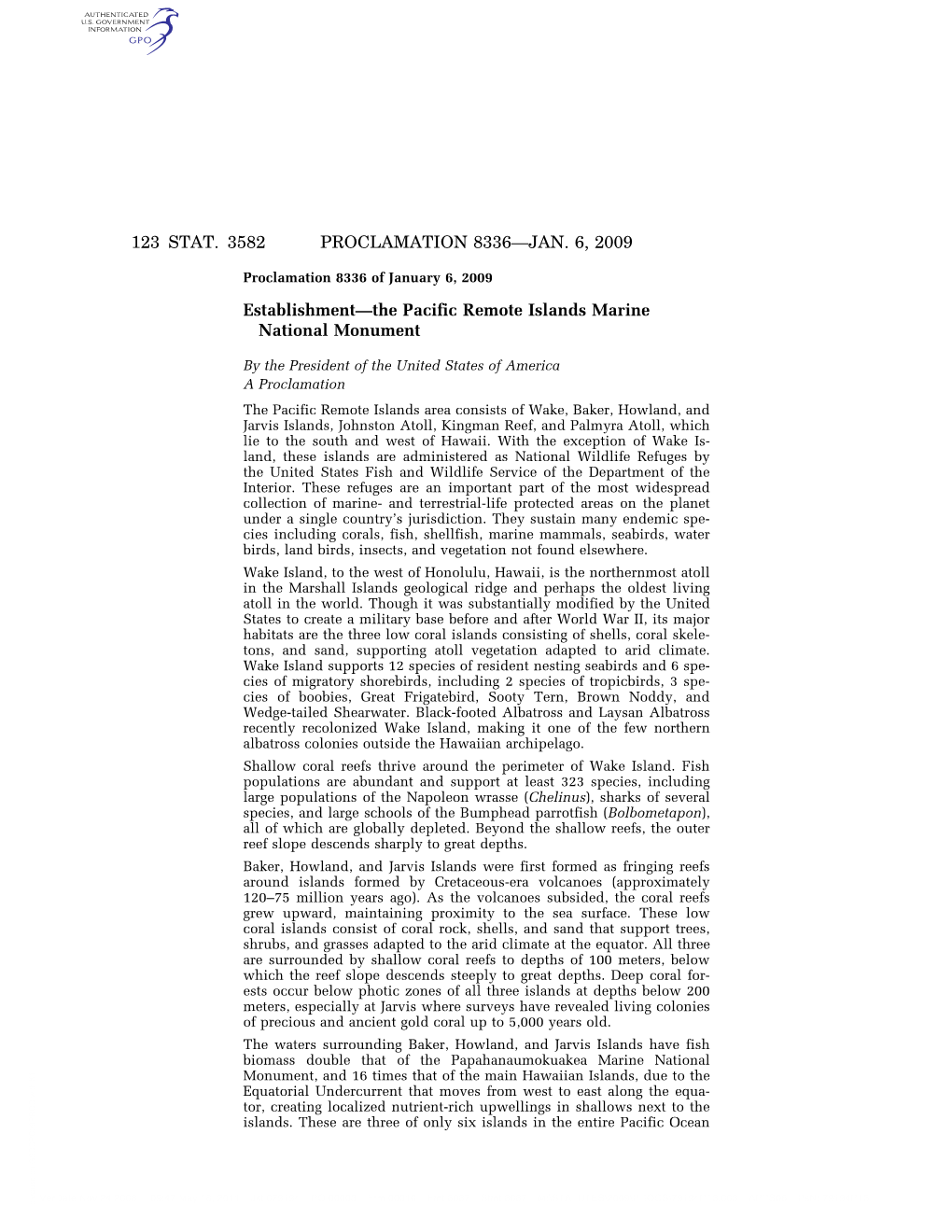 123 STAT. 3582 PROCLAMATION 8336—JAN. 6, 2009 Establishment