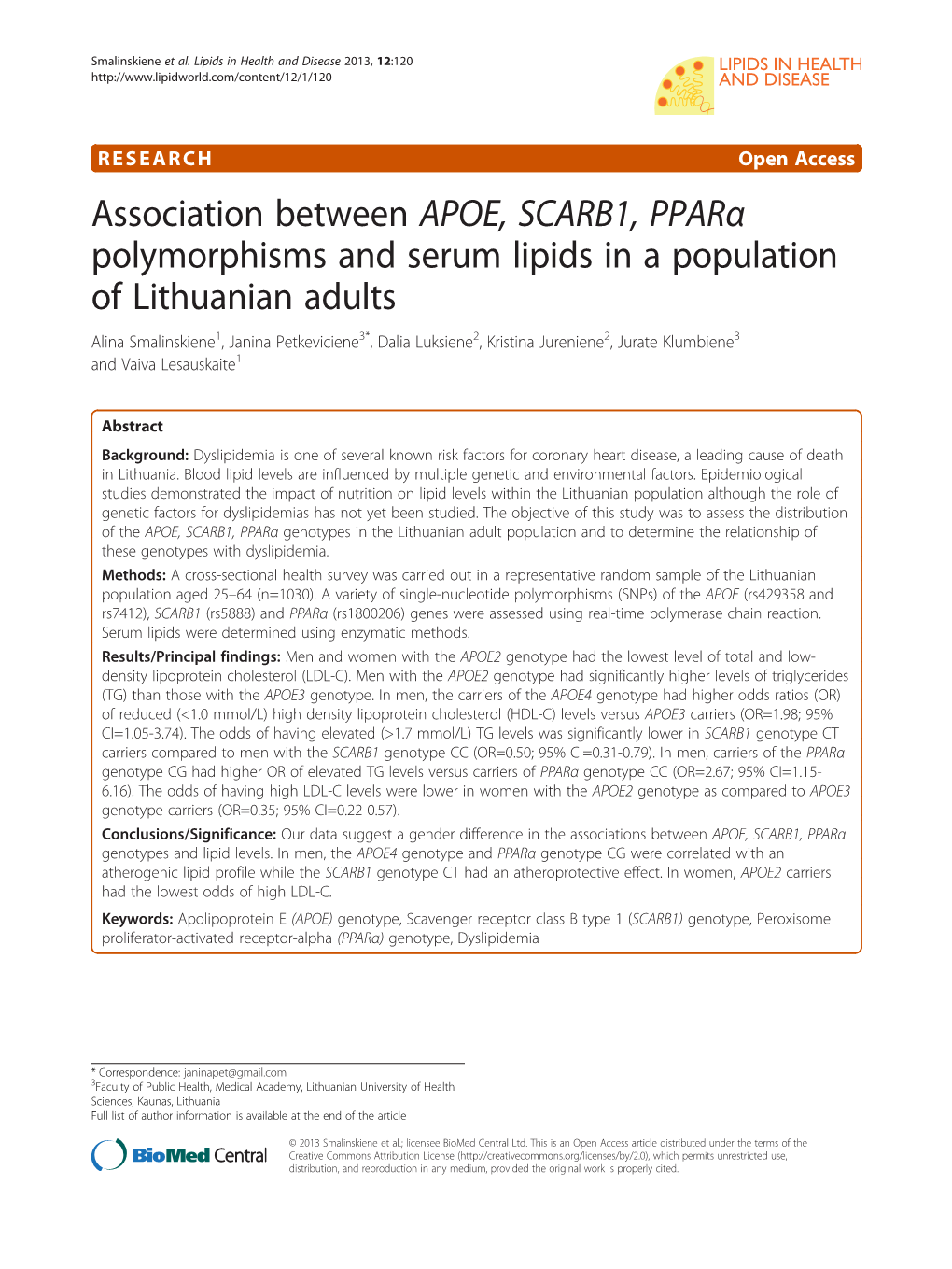 Association Between APOE, SCARB1, Pparα Polymorphisms and Serum Lipids in a Population of Lithuanian Adults