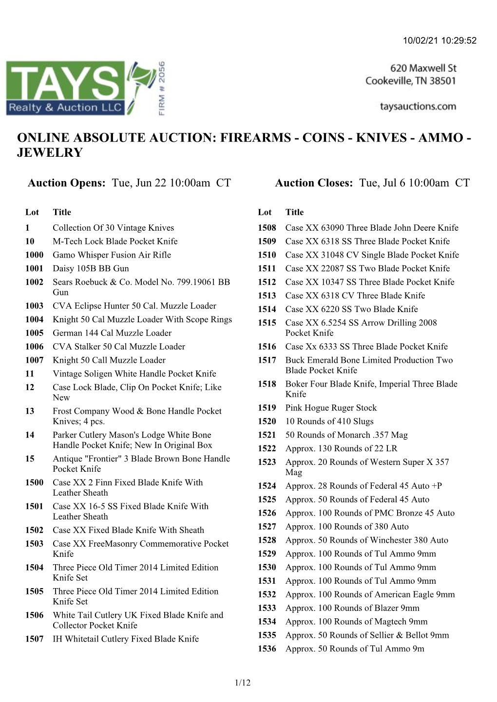Online Absolute Auction: Firearms - Coins - Knives - Ammo - Jewelry