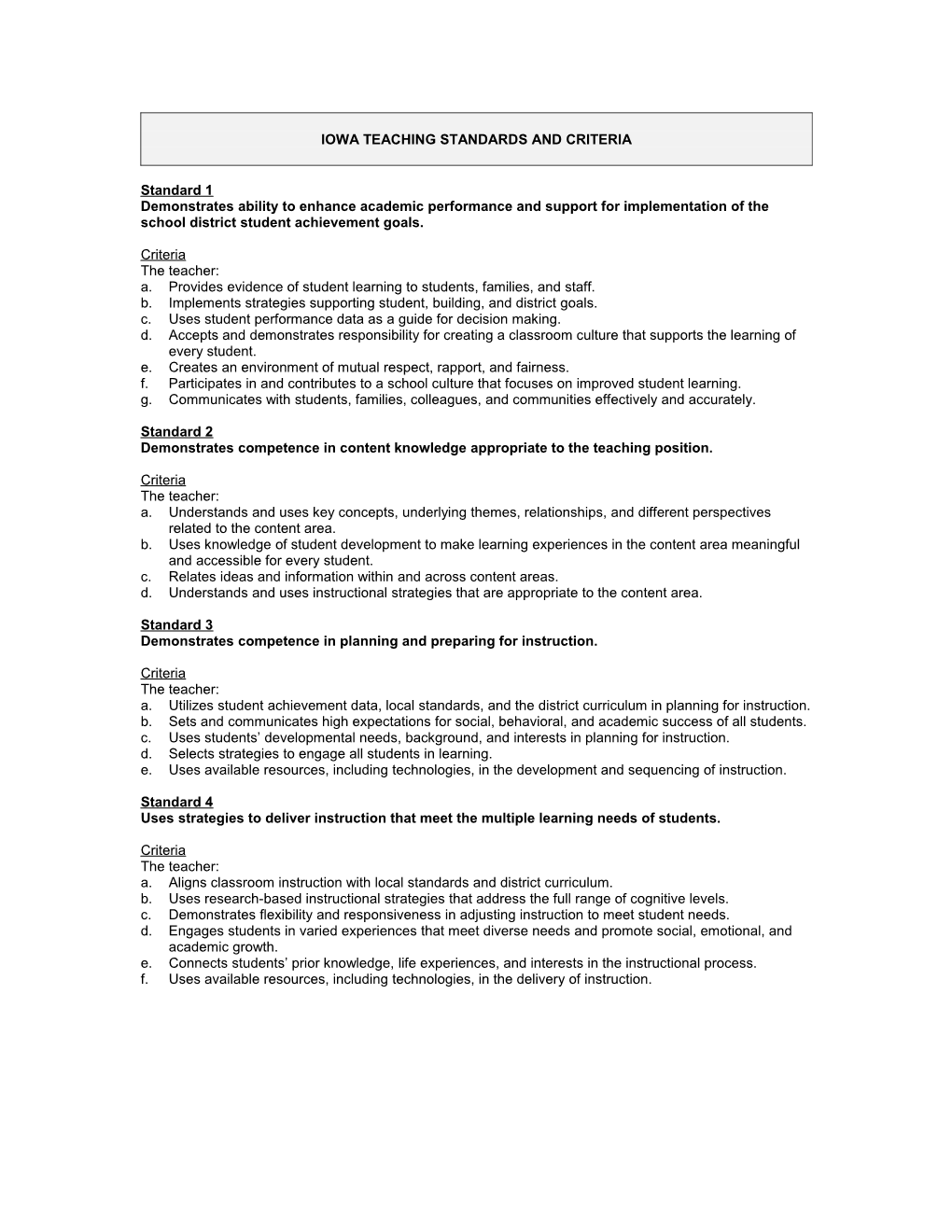 Iowa Teaching Standards and Criteria