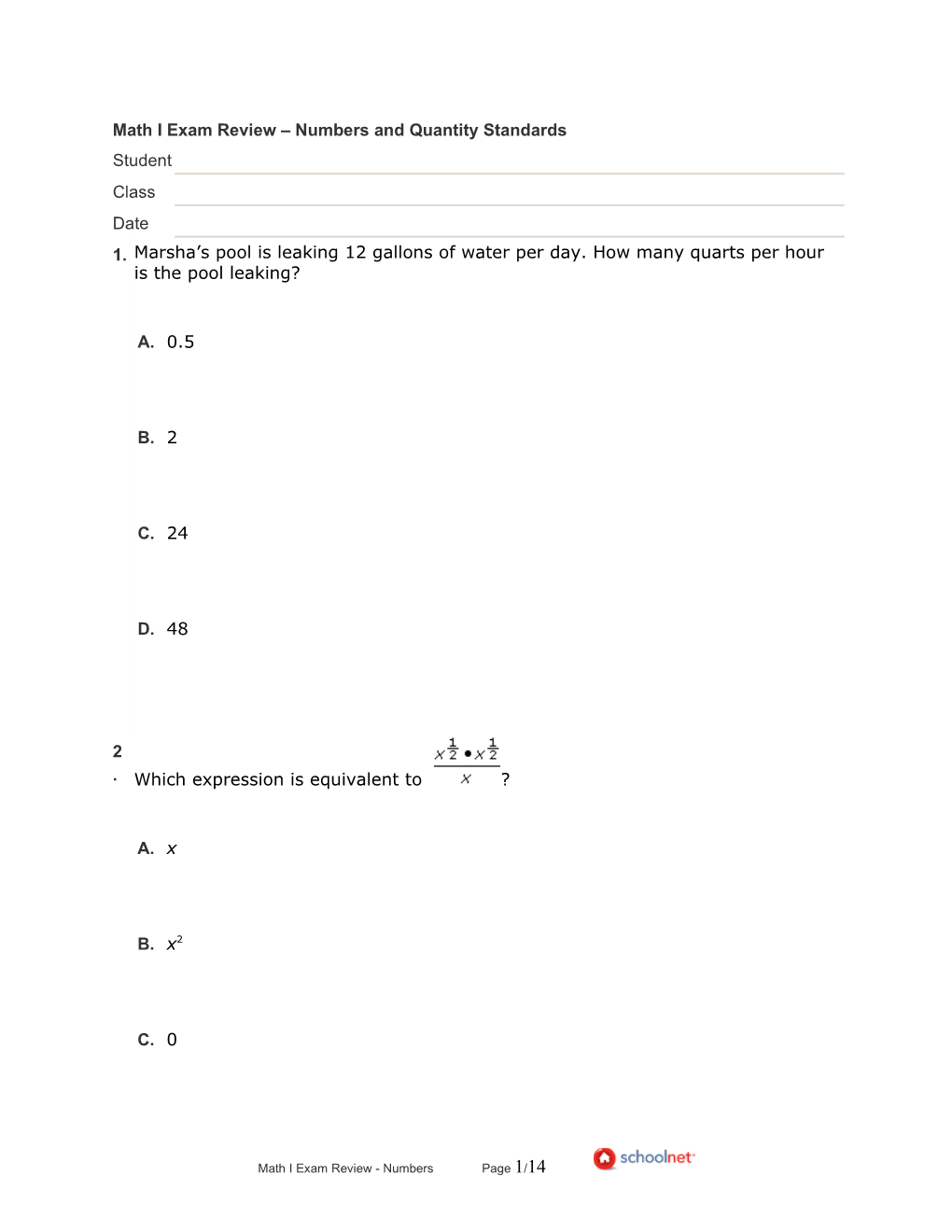 Math I Exam Review - Numbers Page 1/12