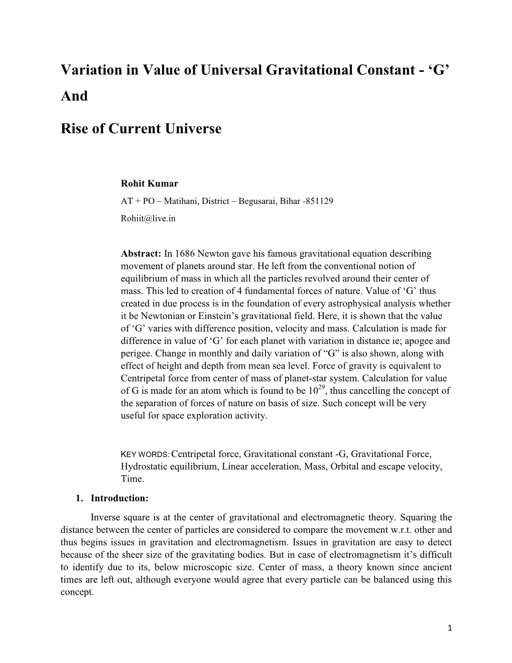 Variation in Value of Universal Gravitational Constant - ‘G’ And