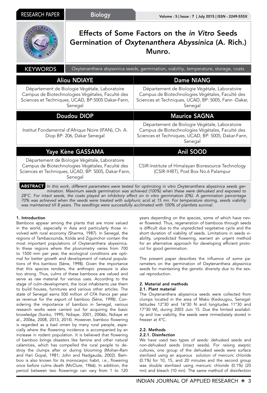 Effects of Some Factors on the in Vitro Seeds Germination of Oxytenanthera Abyssinica (A