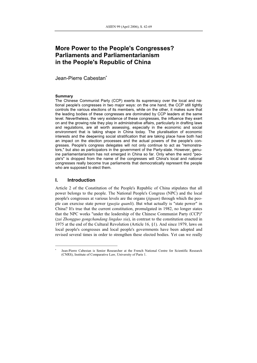 More Power to the People's Congresses? Parliaments and Parliamentarianism in the People's Republic of China