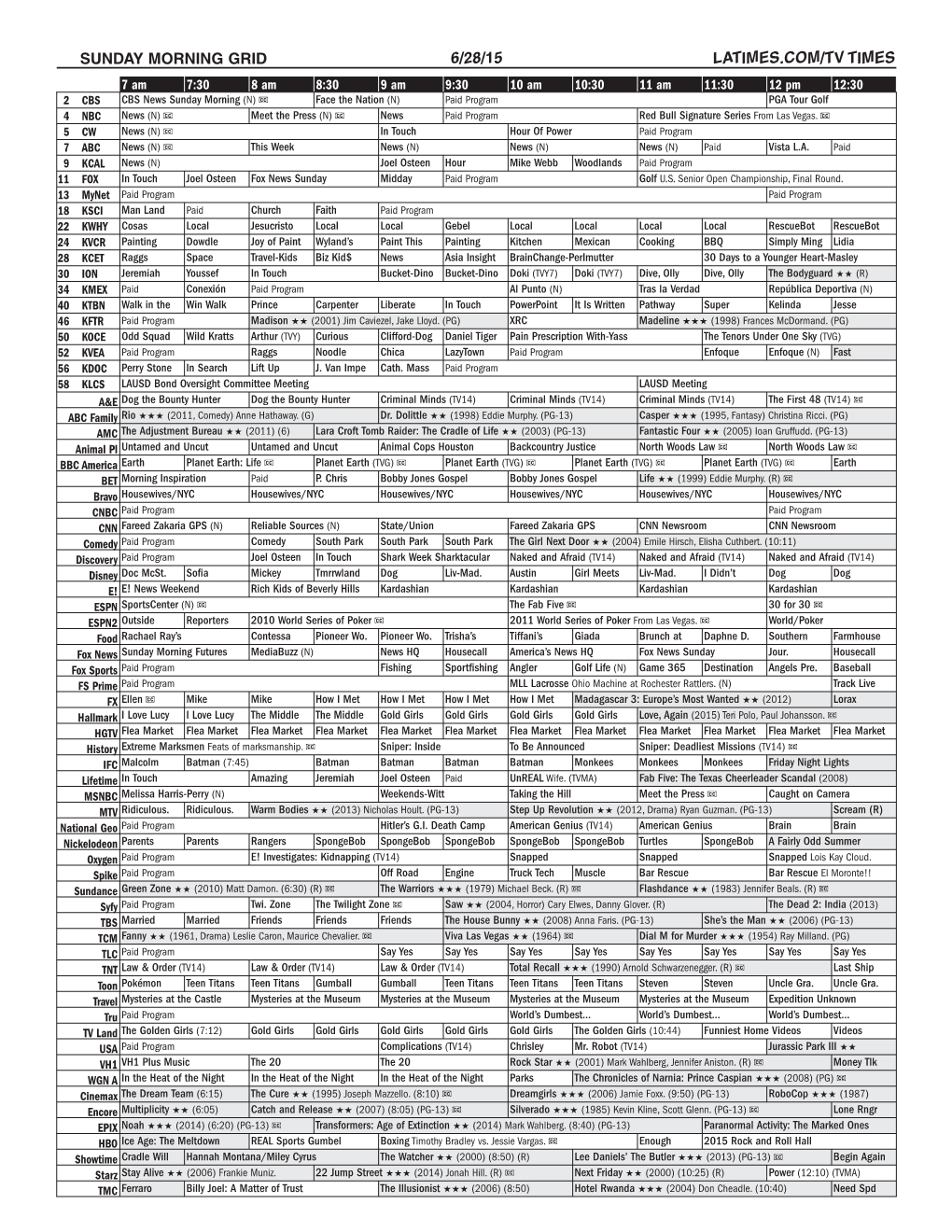 Sunday Morning Grid 6/28/15 Latimes.Com/Tv Times