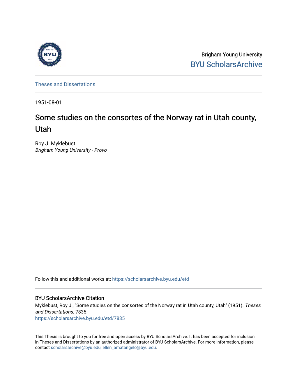 Some Studies on the Consortes of the Norway Rat in Utah County, Utah