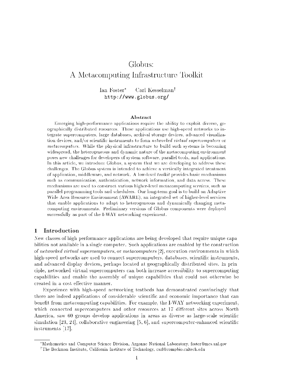 Globus: a Metacomputing Infrastructure Toolkit