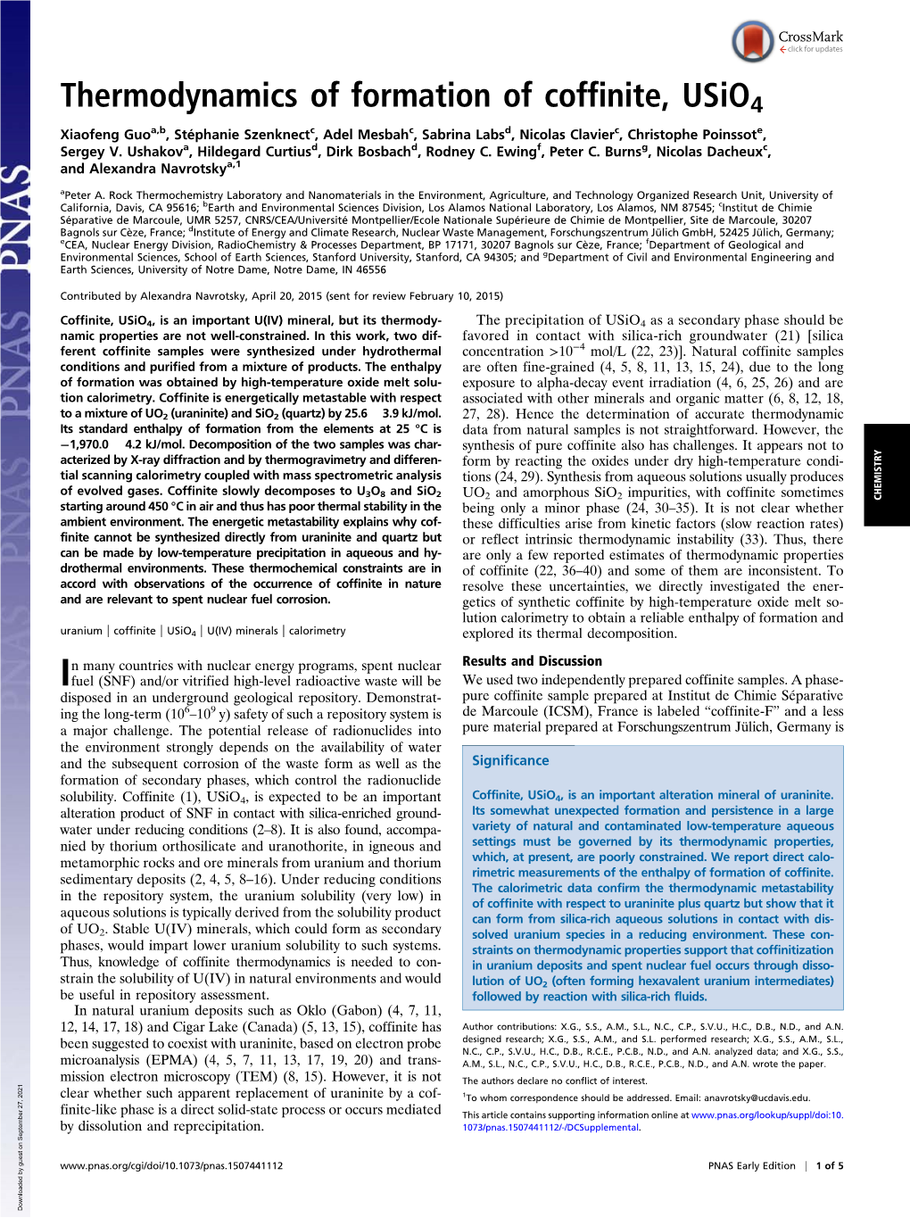 Thermodynamics of Formation of Coffinite, Usio4