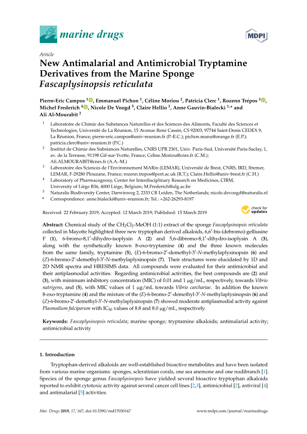 New Antimalarial and Antimicrobial Tryptamine Derivatives from the Marine Sponge Fascaplysinopsis Reticulata