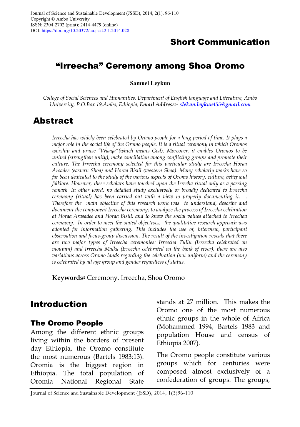 Short Communication “Irreecha” Ceremony Among Shoa Oromo Abstract Introduction