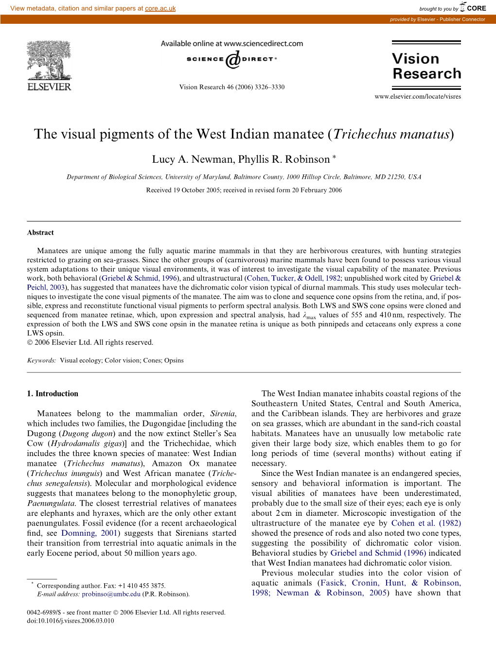 The Visual Pigments of the West Indian Manatee (Trichechus Manatus)