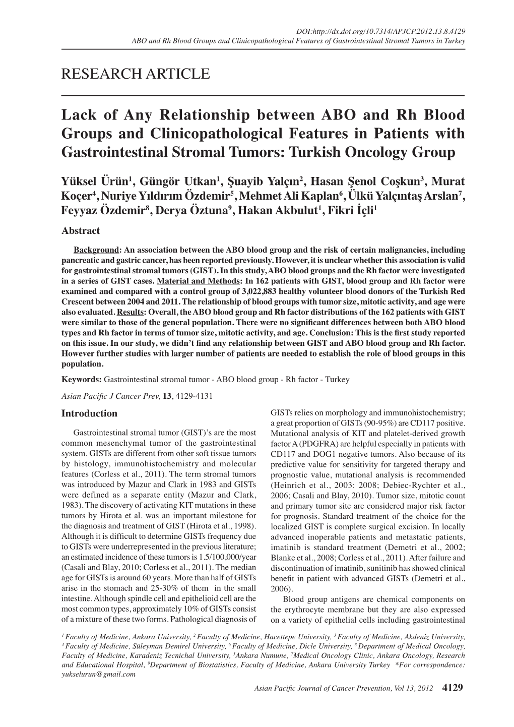 Lack of Any Relationship Between ABO and Rh Blood Groups and Clinicopathological Features in Patients with Gastrointestinal Stromal Tumors: Turkish Oncology Group