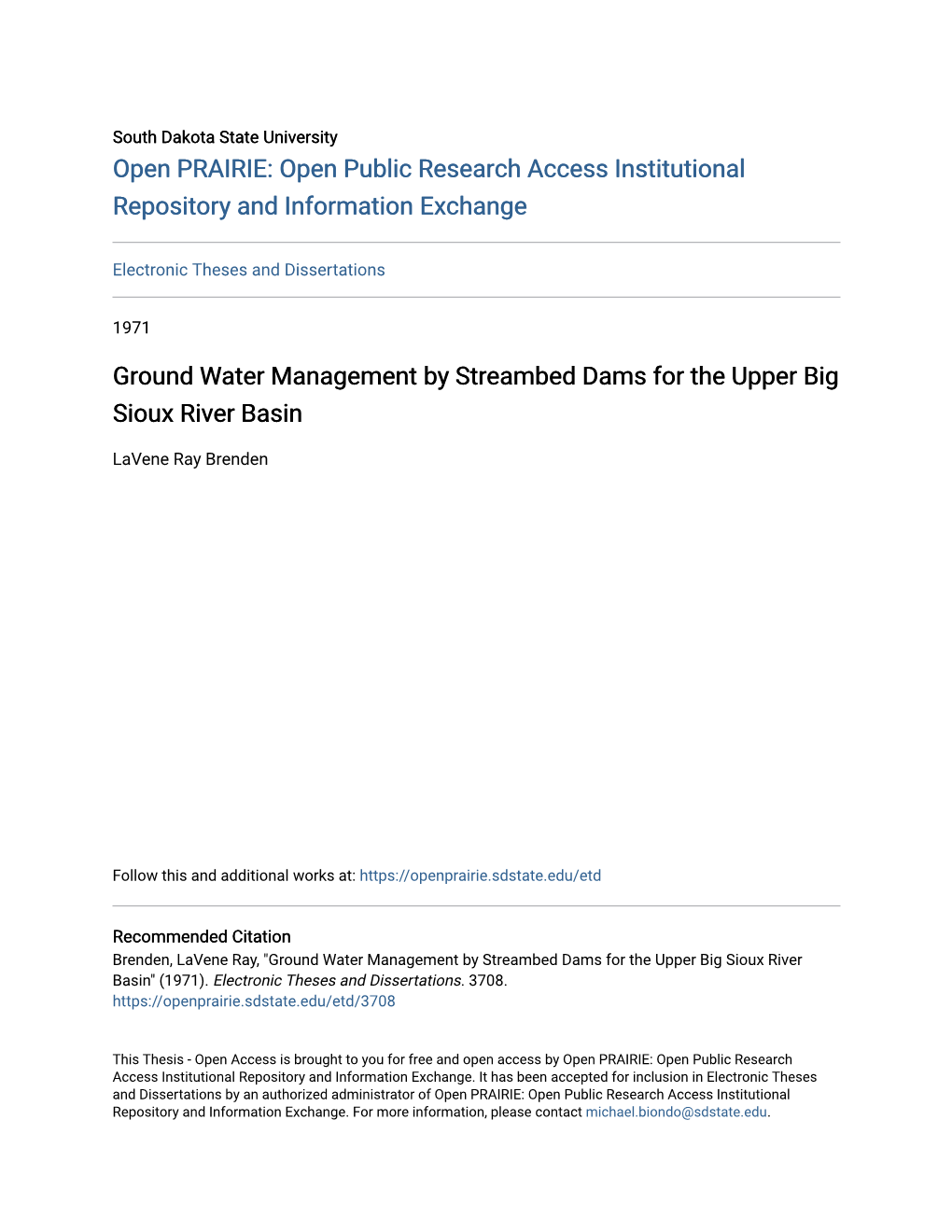 Ground Water Management by Streambed Dams for the Upper Big Sioux River Basin