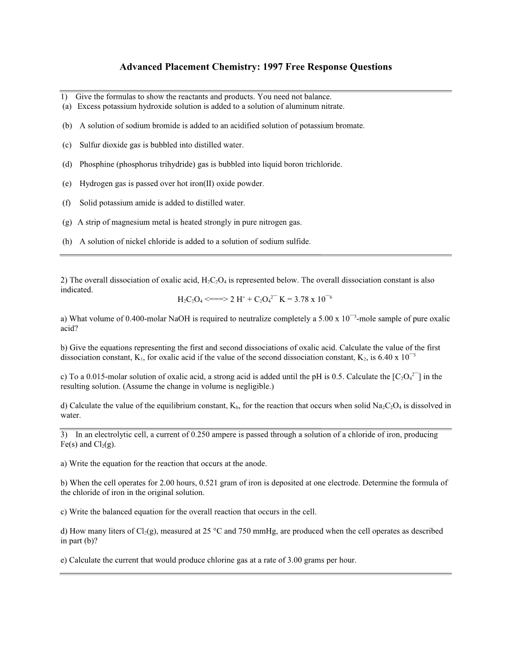 Advanced Placement Chemistry: 1997 Free Response Questions