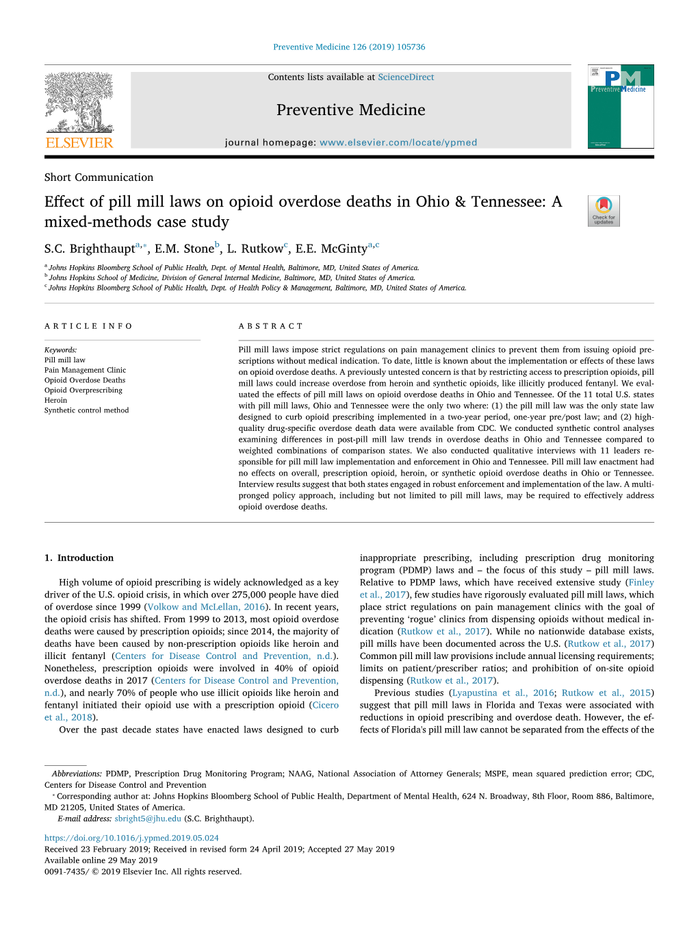 Effect of Pill Mill Laws on Opioid Overdose Deaths in Ohio Ampamp; Tennessee a Mixed-Methods Case Study