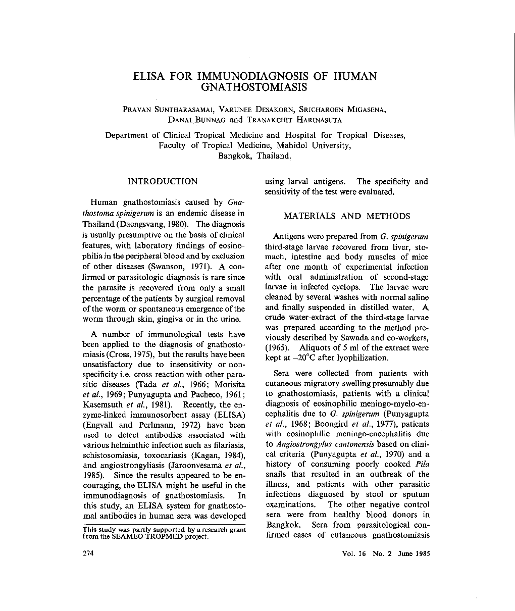 Elisa for Immunodiagnosis of Human Gnathostomiasis