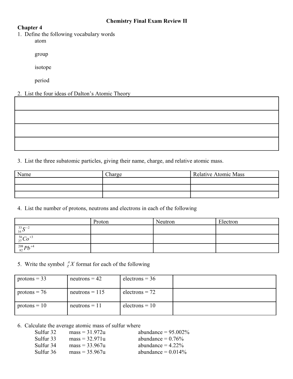 Chemistry Final Exam Review II