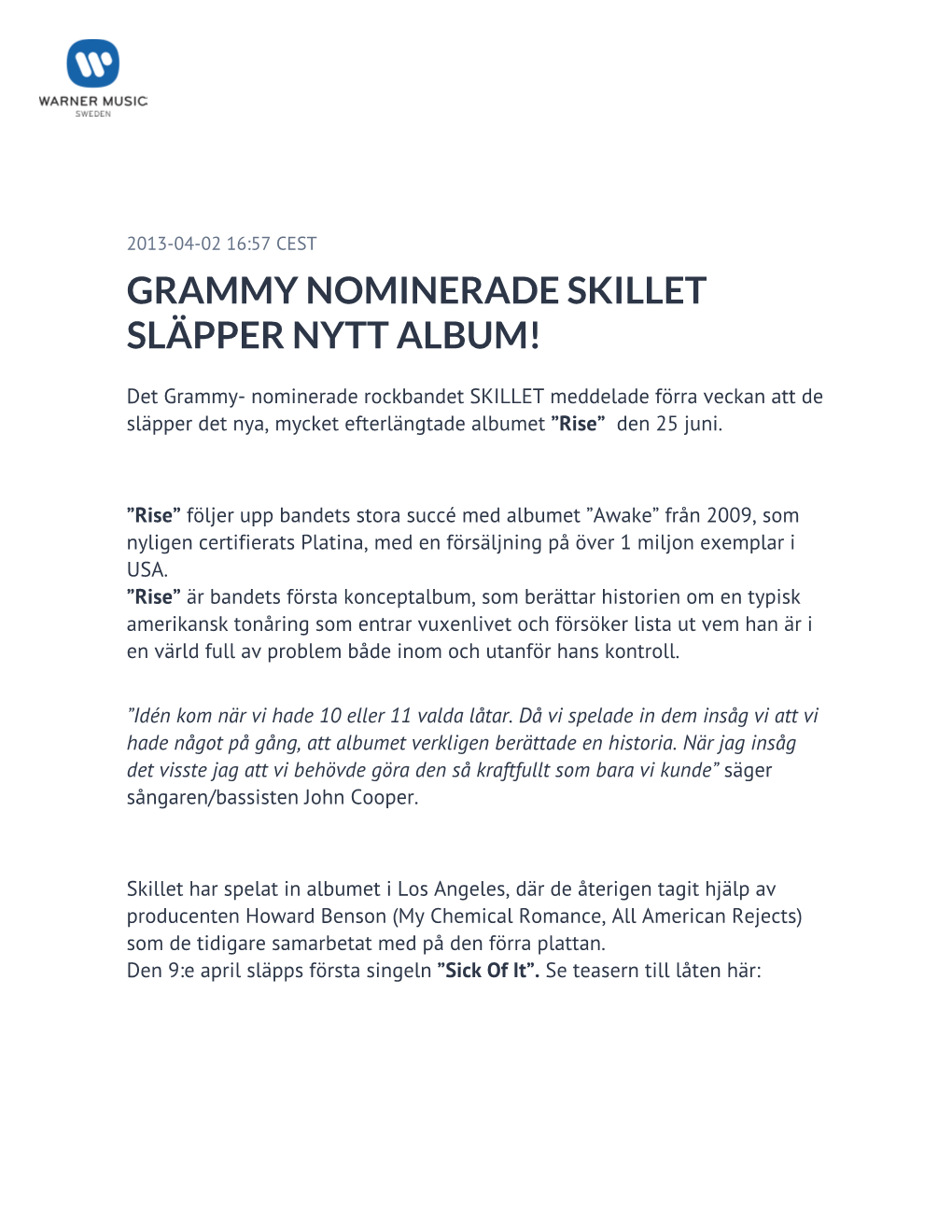 Grammy Nominerade Skillet Släpper Nytt Album!