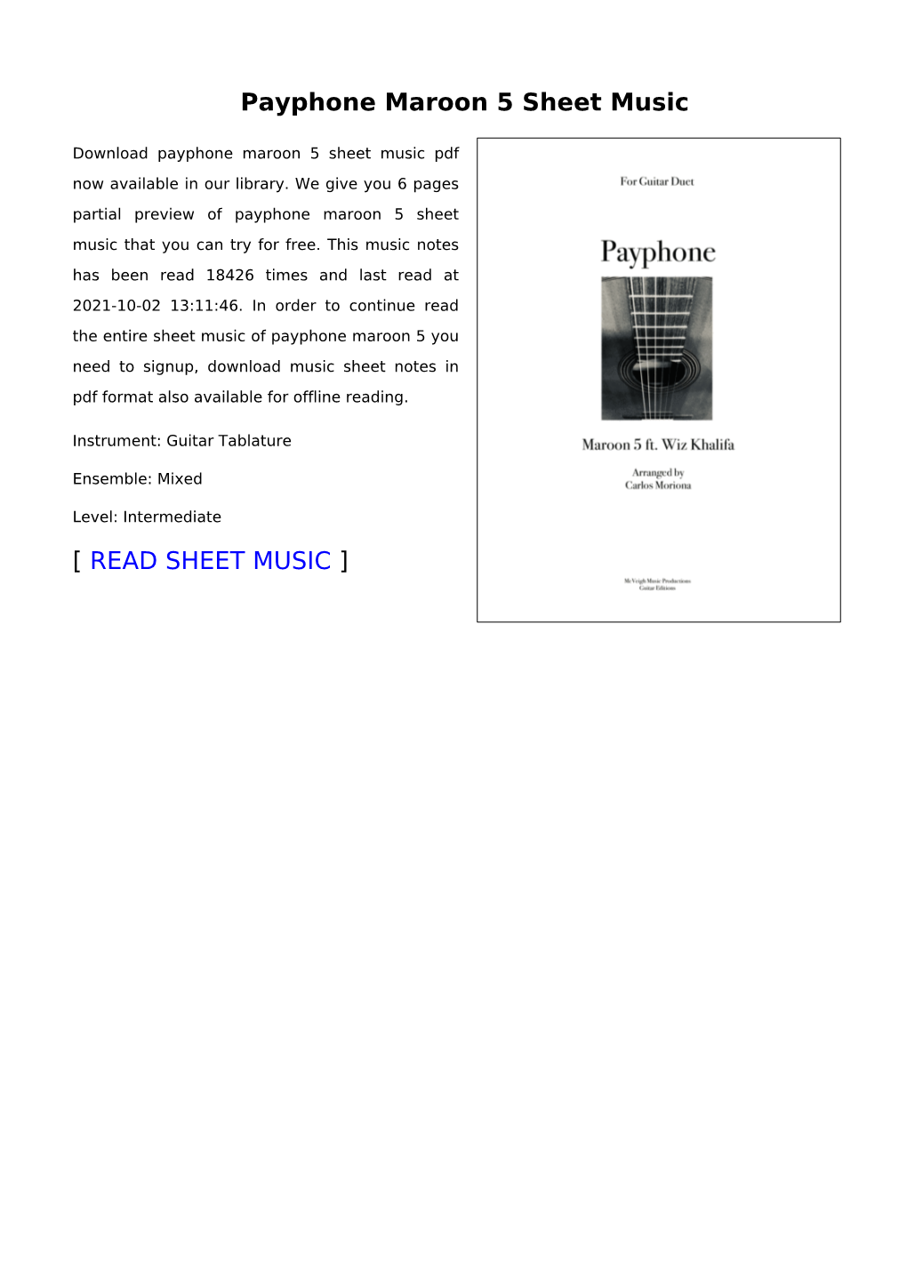 Payphone Maroon 5 Sheet Music