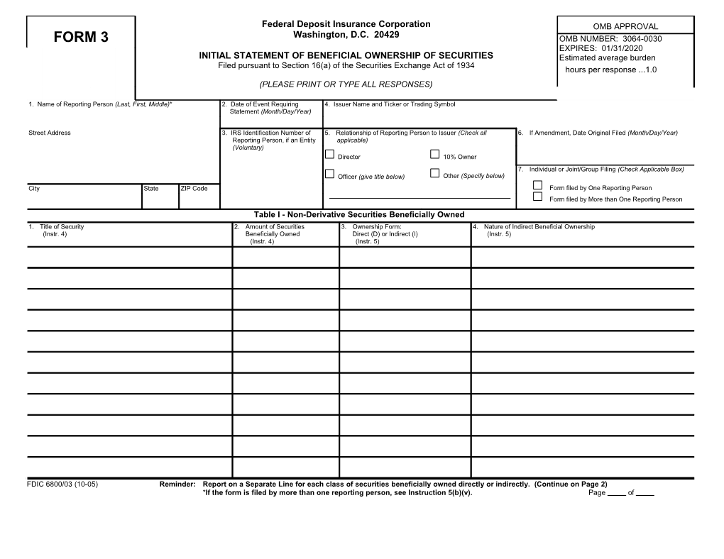 FDIC 6800/03, Initial Statement of Beneficial Ownership of Securities (Form F-7)