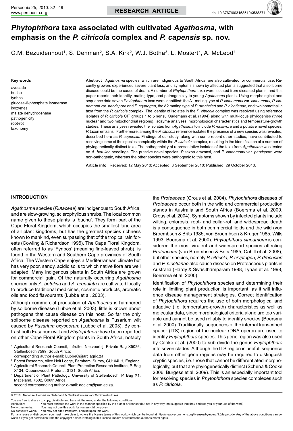 <I>Phytophthora</I> Taxa Associated with Cultivated <I>Agathosma</I