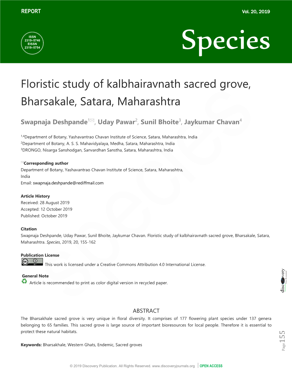 Floristic Study of Kalbhairavnath Sacred Grove, Bharsakale, Satara, Maharashtra