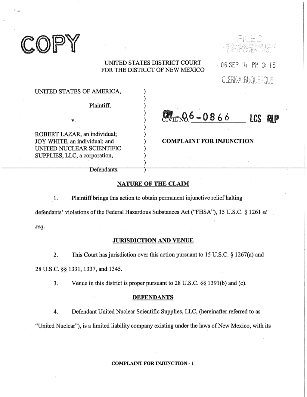 UNITED STATES of AMERICA, Plaintiff, 0.6SEP 14, PH 3:I5