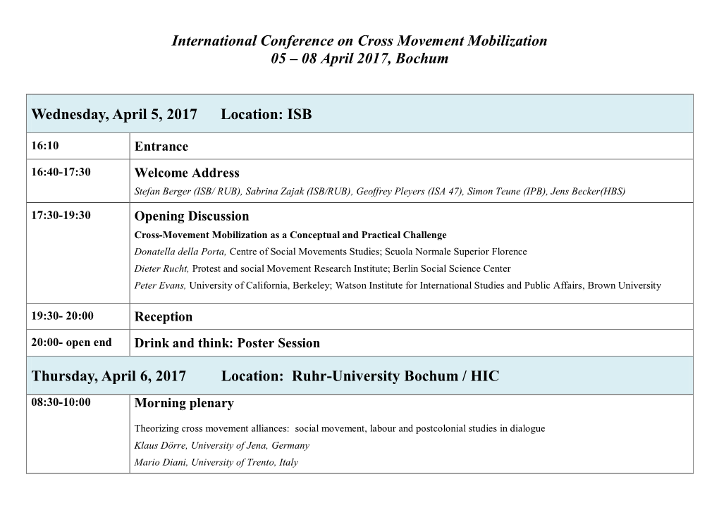 International Conference on Cross Movement Mobilization 05 – 08 April 2017, Bochum