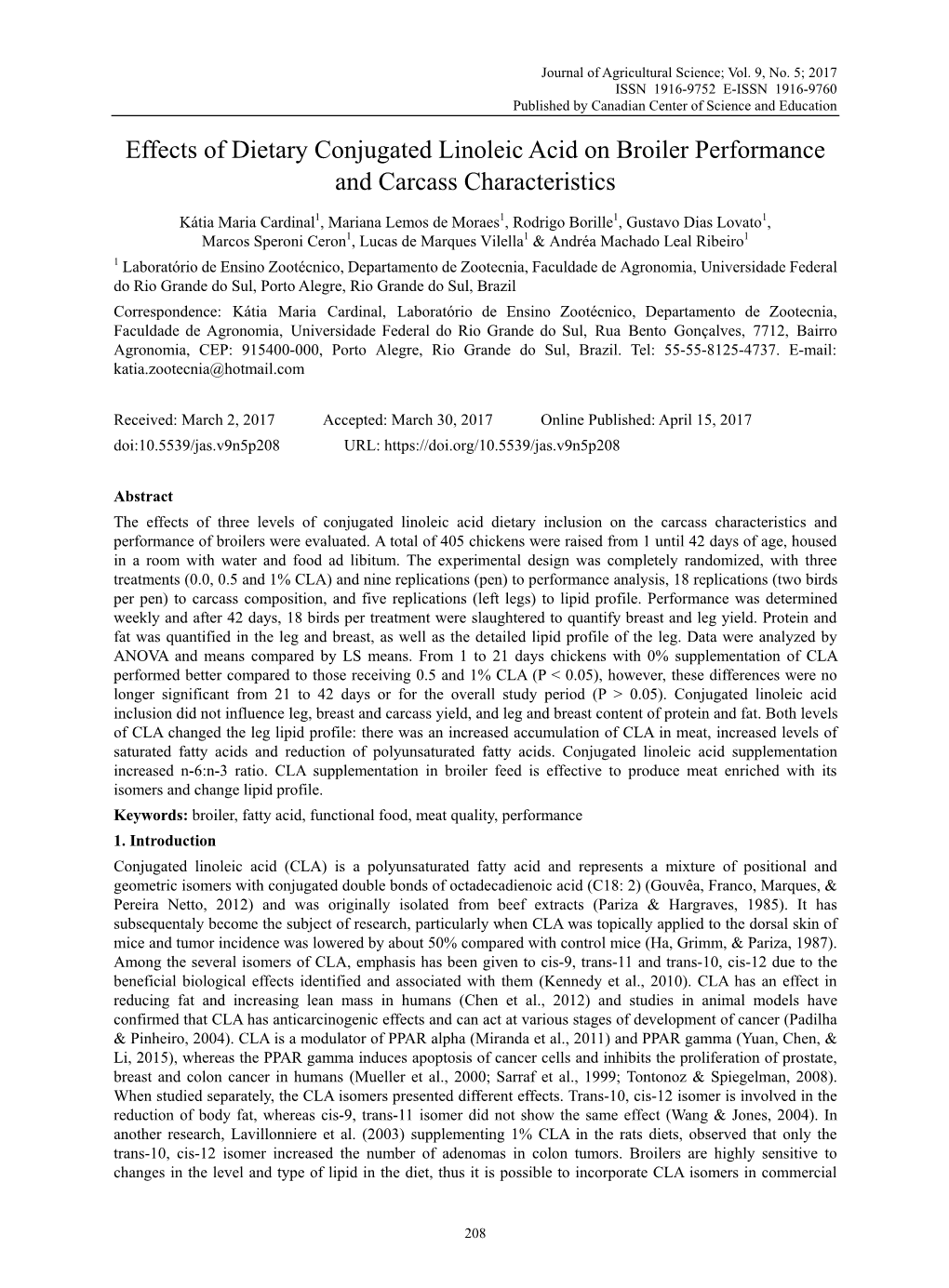 Effects of Dietary Conjugated Linoleic Acid on Broiler Performance and Carcass Characteristics