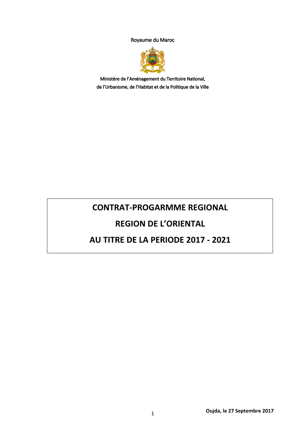 Contrat-Progarmme Regional Region De L'oriental Au